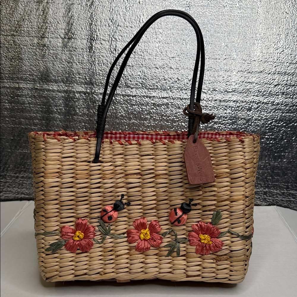 Woven Straw Tote with Red Floral Raffia Embroidery